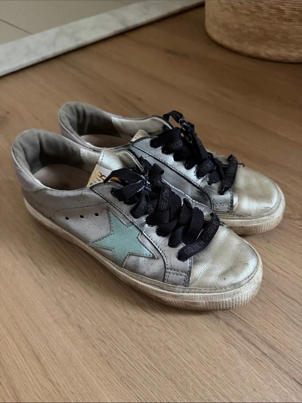 Golden Goose Metallic Silver Sneakers with Mint Green Star and Black Laces